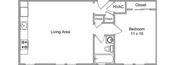 A floor plan of a small apartment with a bedroom, living area, and closets.