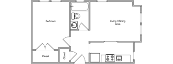 A floor plan of a room with a bedroom, living/dining area, and closets.