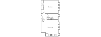 A floor plan of a room with a bedroom and living area.