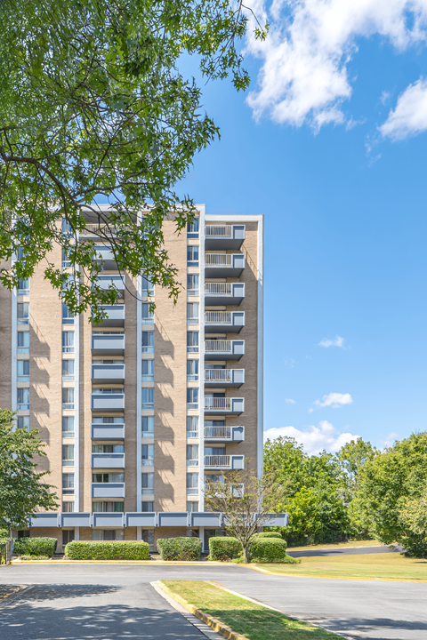 A tall residential building with a green tree in the foreground.