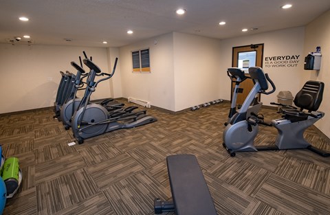 A gym with a variety of equipment including treadmills, stationary bikes, and weight machines.