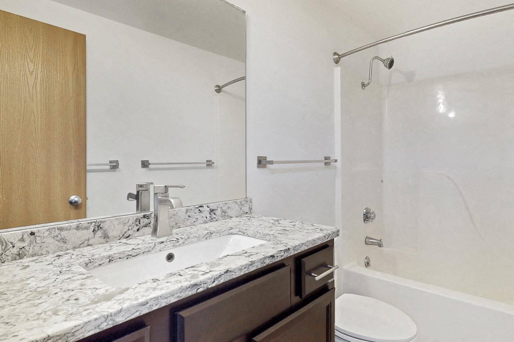 a bathroom with a sink and a shower and a toilet