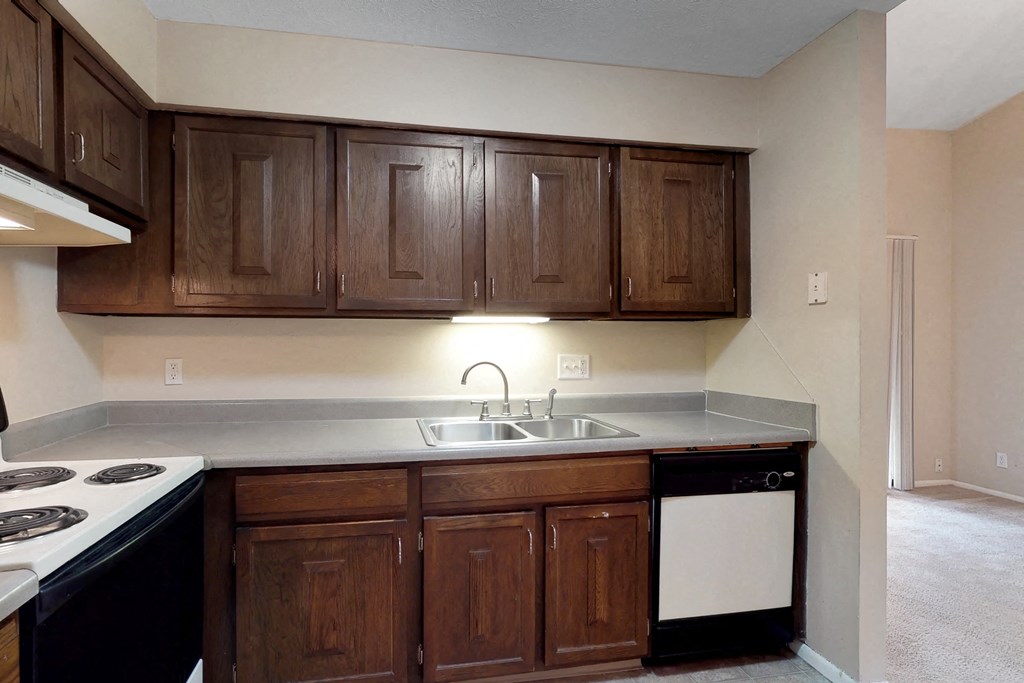 an empty kitchen with dark wood cabinets and a sink