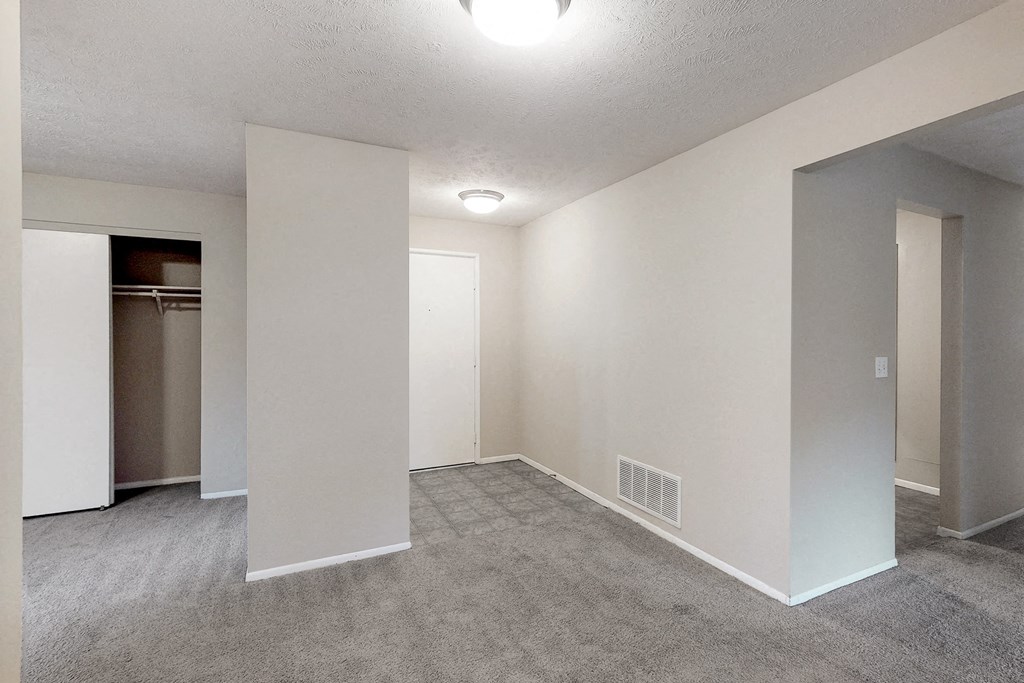 an empty living room with white walls and a closet