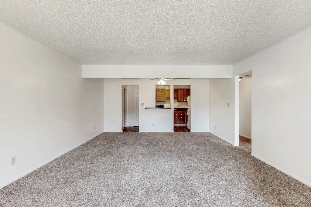 the spacious living room with white walls and carpeting and a kitchen in the distance