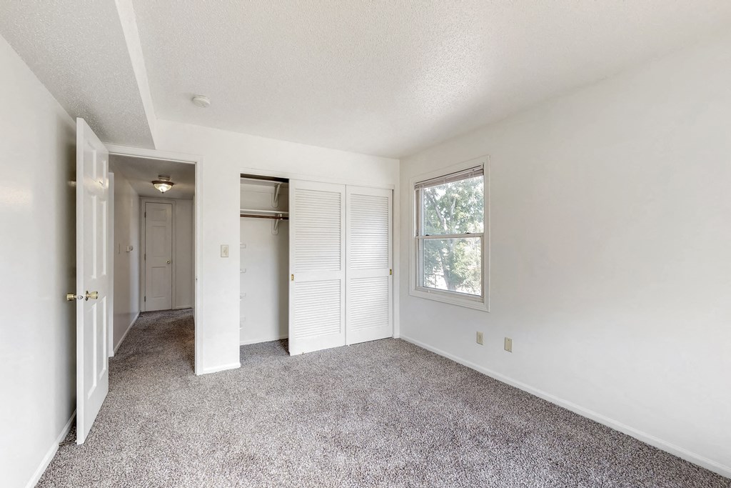 an empty bedroom with carpet and a door to a closet