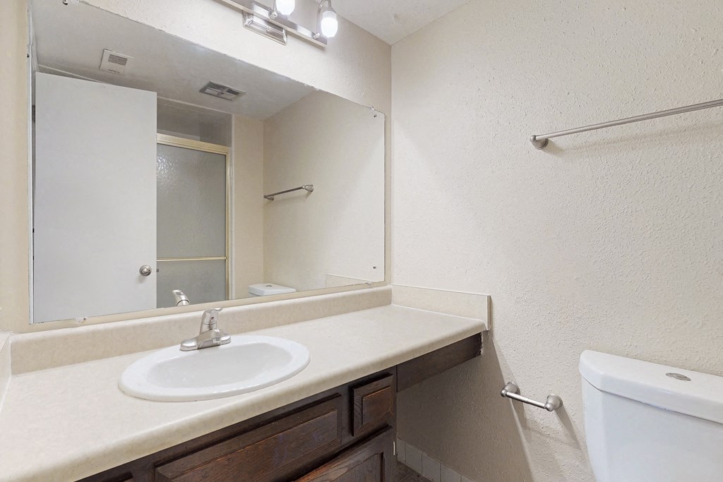 the preserve at ballantyne commons apartment bathroom with sink and mirror