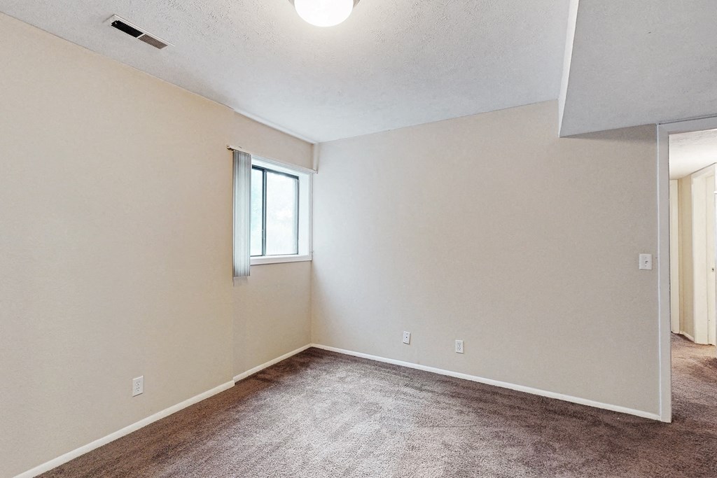 an empty living room with carpet and a window