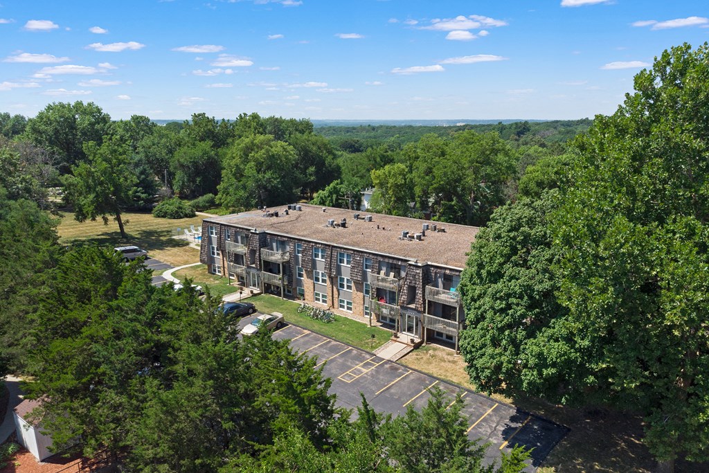an aerial view of a building surrounded by trees