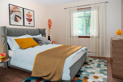 A bedroom with a bed, a nightstand, and a window with curtains.