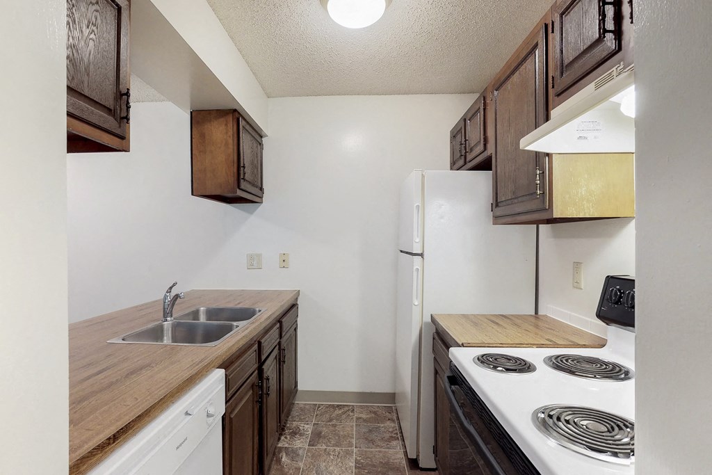 a kitchen with a stove and a sink and a refrigerator