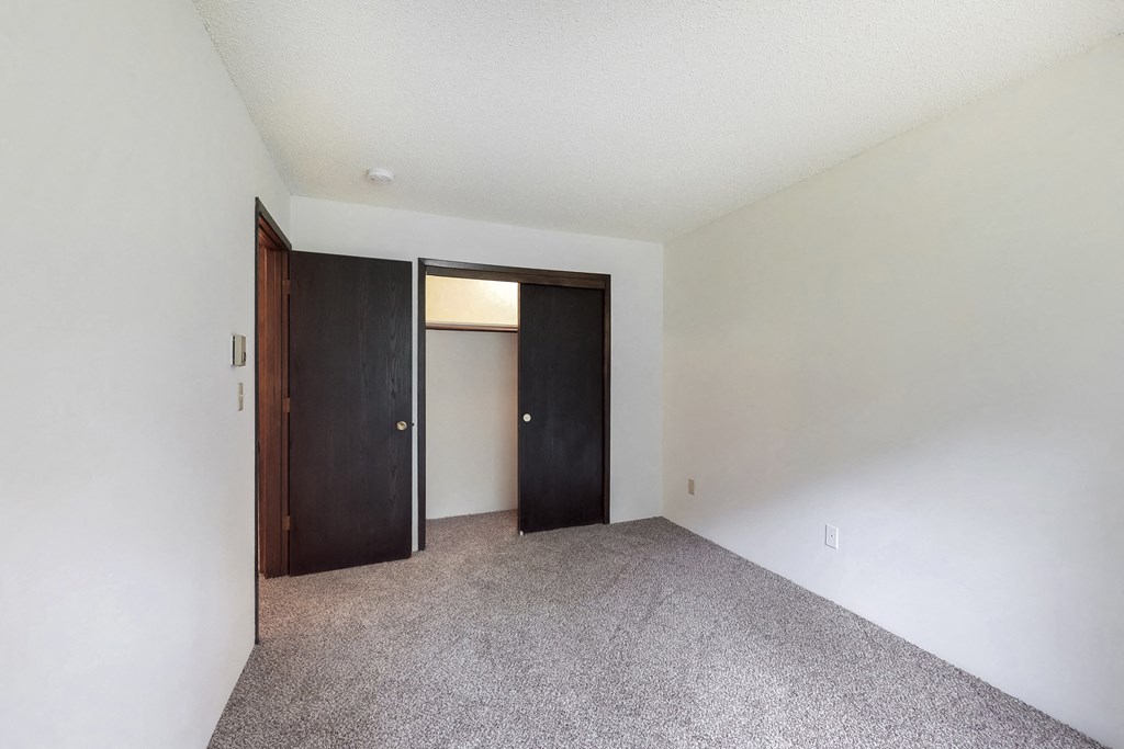 an empty living room with carpet and a door to a closet