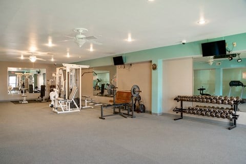 a large gym with a lot of exercise equipment and a ceiling fan