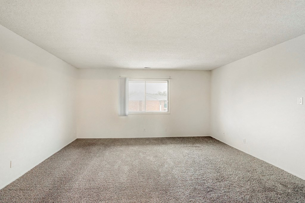 an empty room with carpet and a window