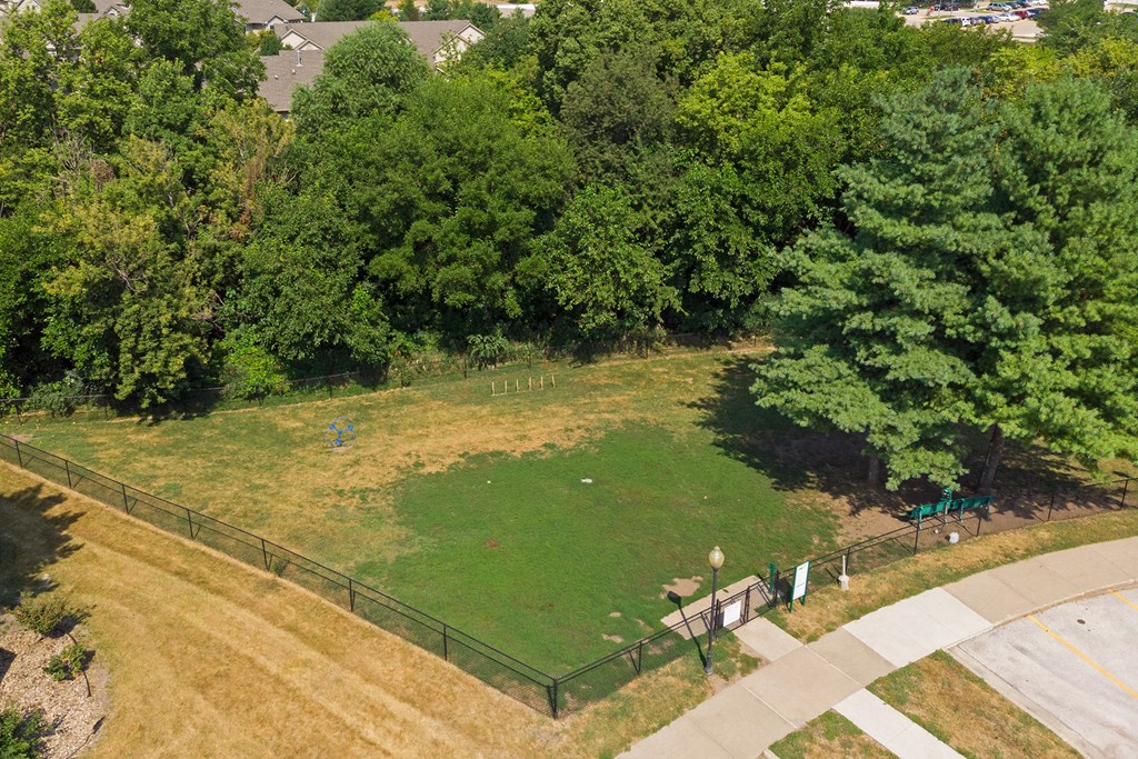an aerial view of a park with grass and trees