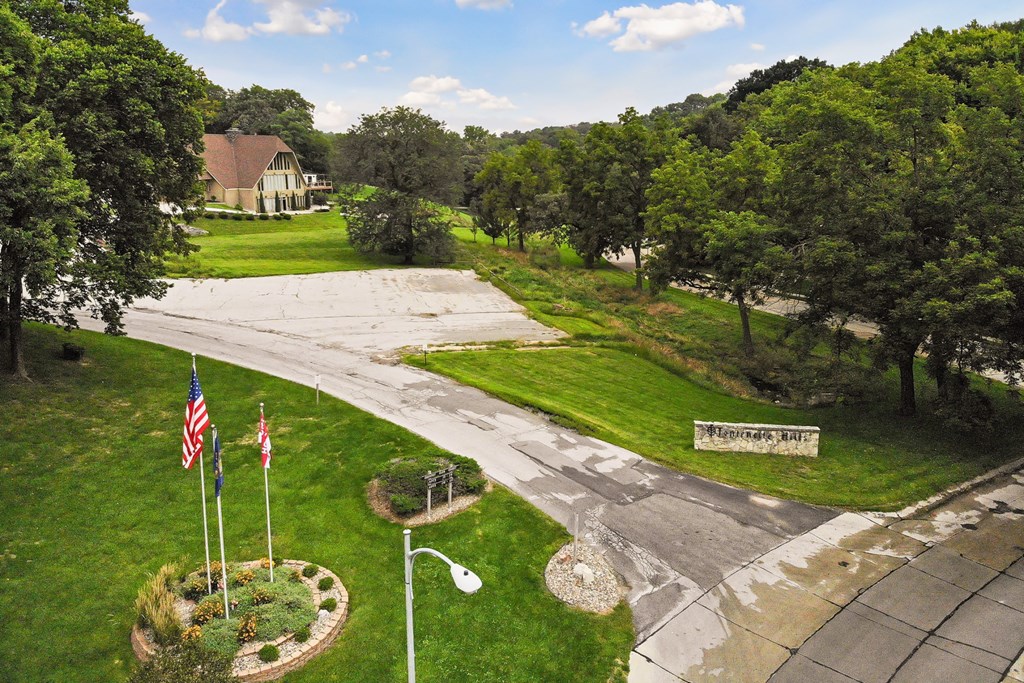 an aerial view of a neighborhood with trees and flags and a road