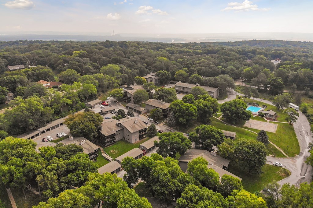 an aerial view of a neighborhood with houses and trees