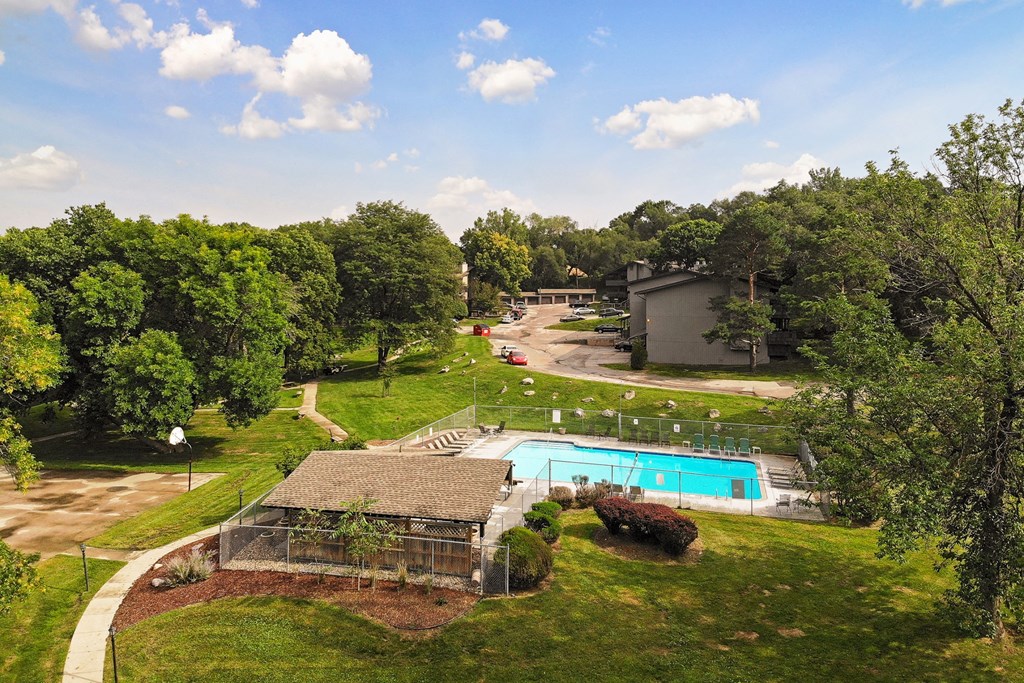 arial view of a swimming pool in a backyard with trees
