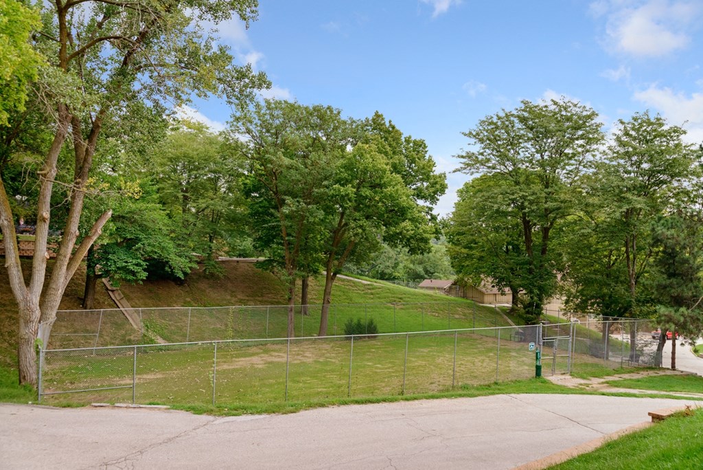 a park with a chain link fence and a hill with trees