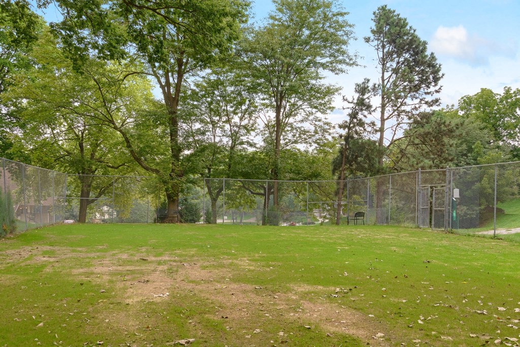 a fenced in field with trees and a chain link fence