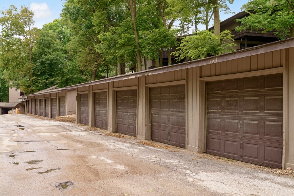 a row of garage doors on a building