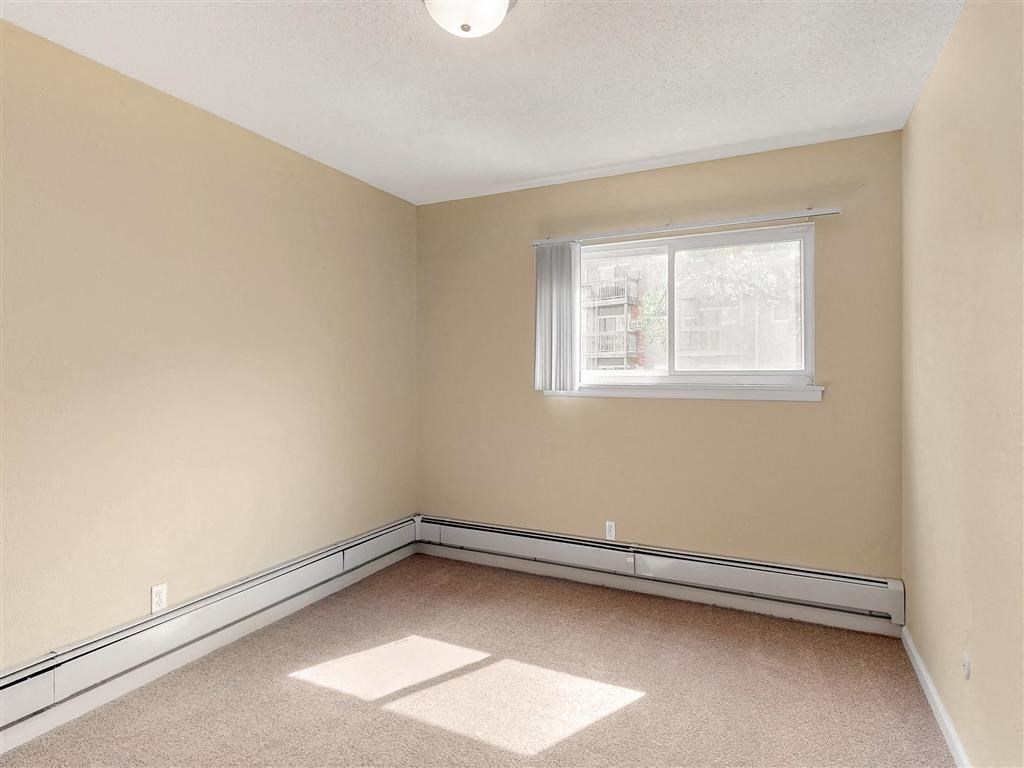 an empty bedroom with a window and carpet