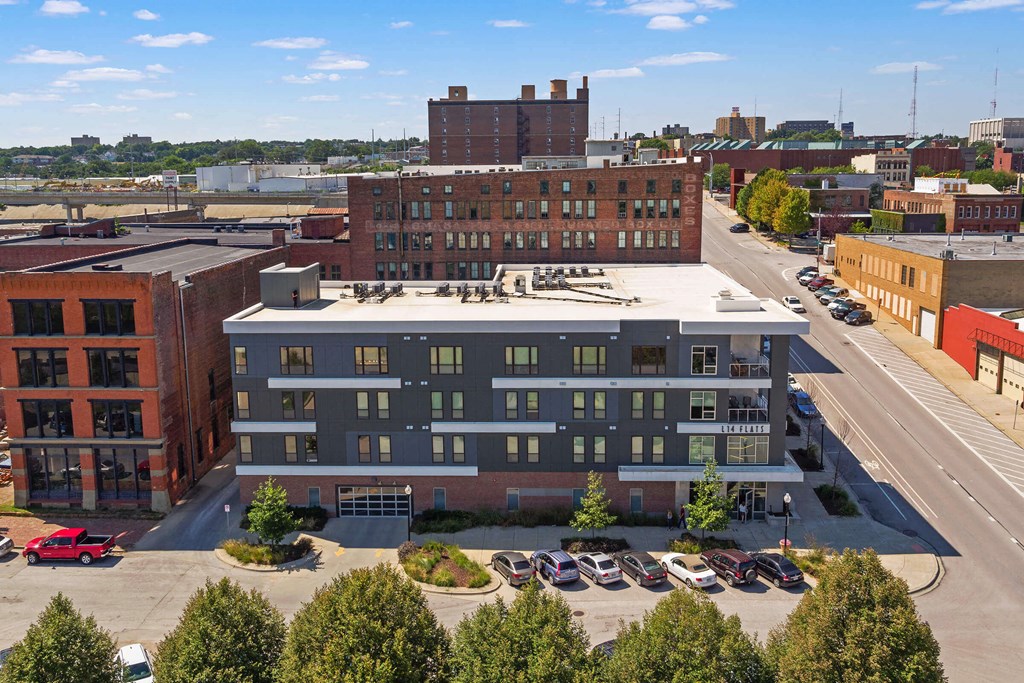 an aerial view of a building in a city