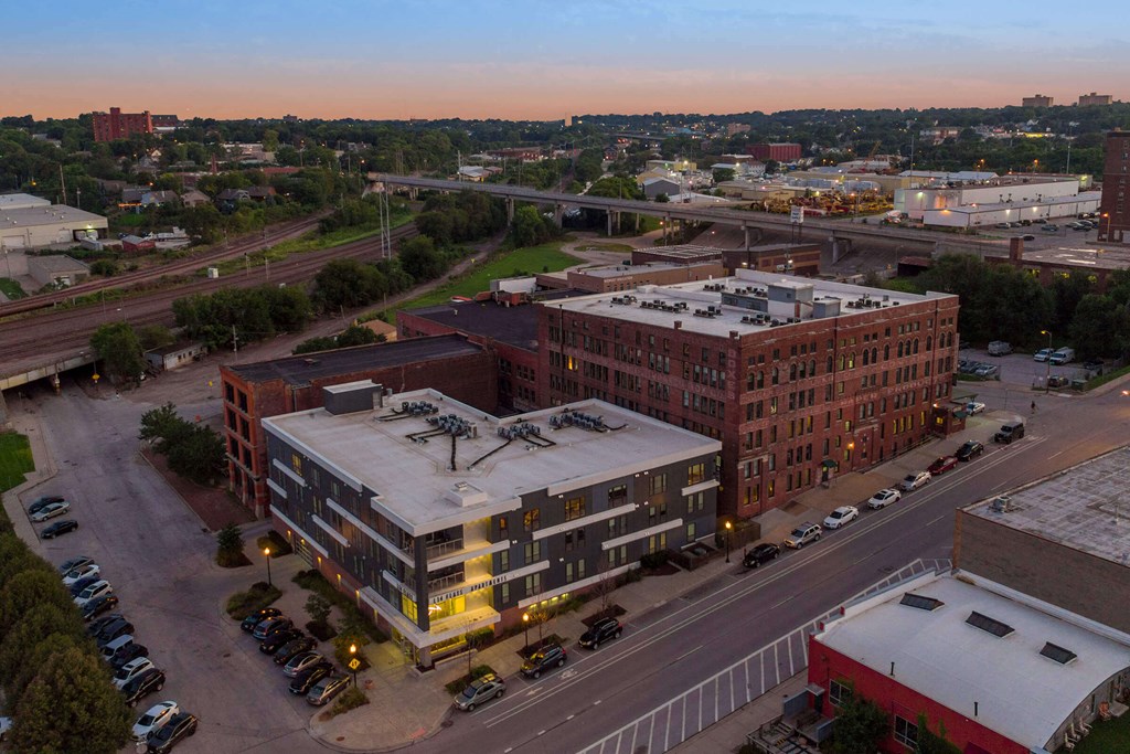 an aerial view of a building in the city