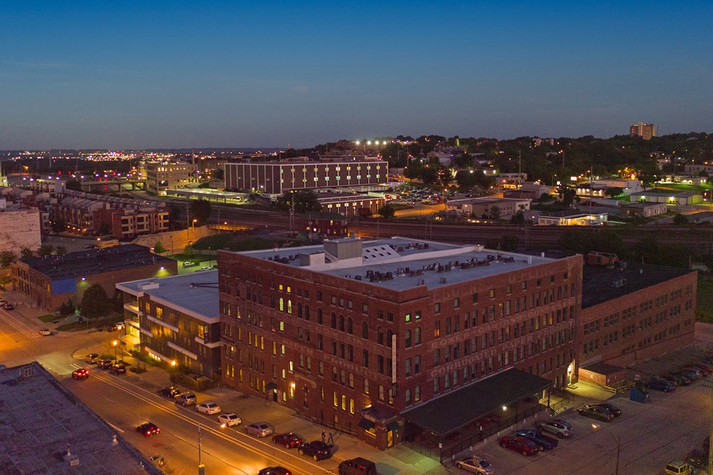 an aerial view of a city at night