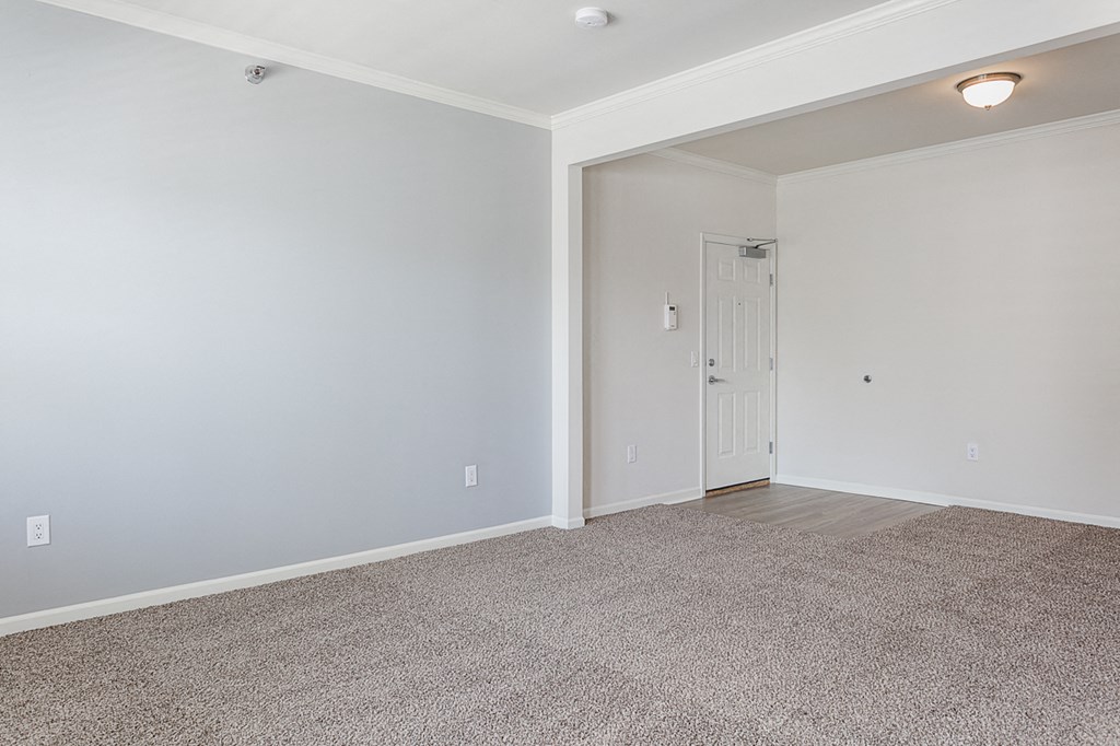 an empty living room with white walls and a white door