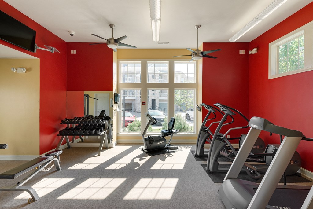 a gym with red walls and a large window
