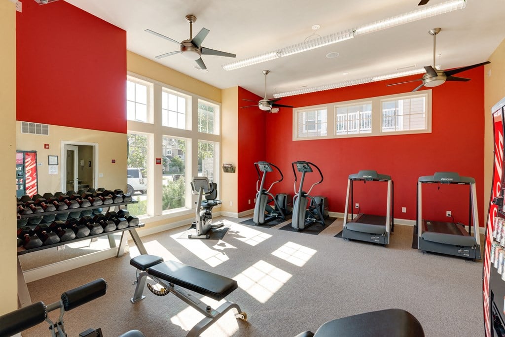 a gym with red walls and windows and exercise equipment