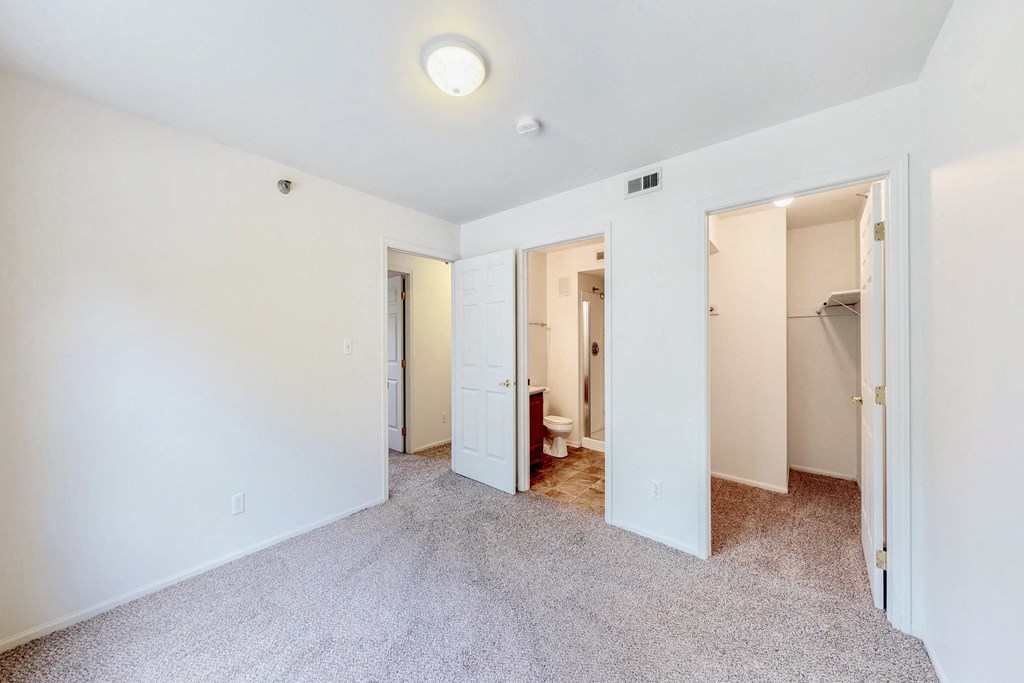 a room with white walls and a carpet floor and a closet