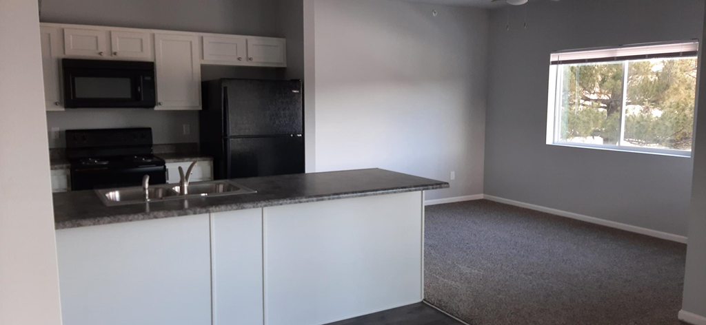 an empty kitchen with a sink and a window