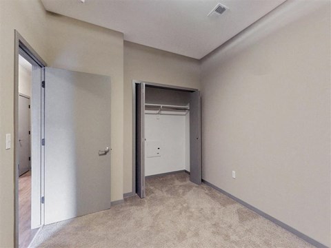 a bedroom with a closet and a door to a closet