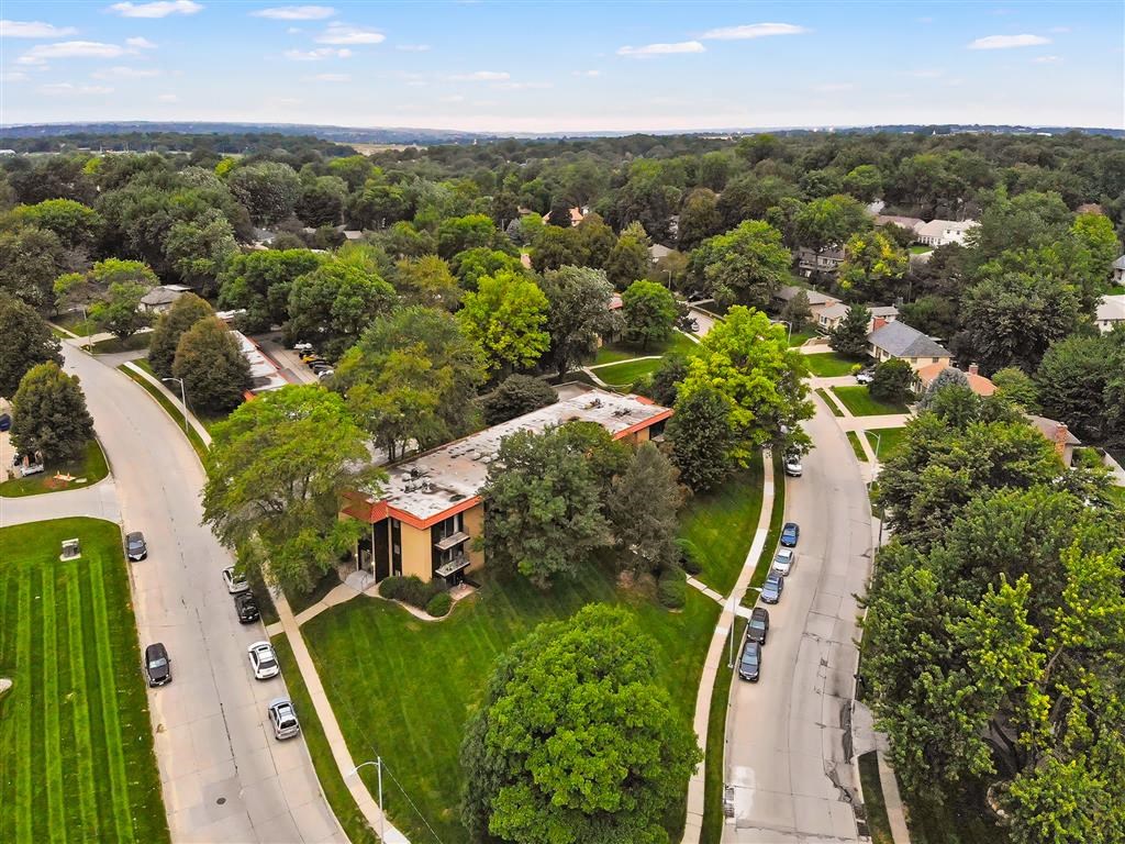 an aerial view of a neighborhood with a street and trees