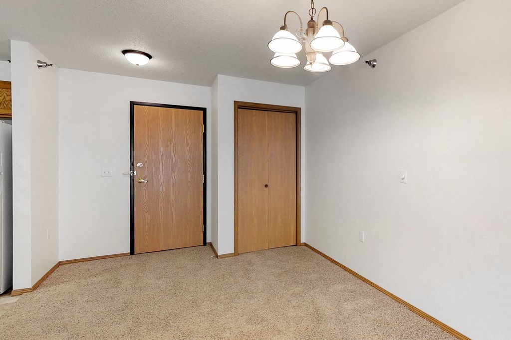 a room with a carpeted floor and a door to a closet