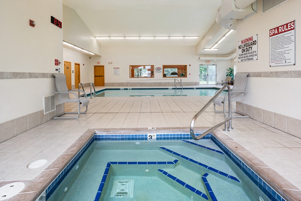 the indoor pool in our heated indoor spa area at our apartments