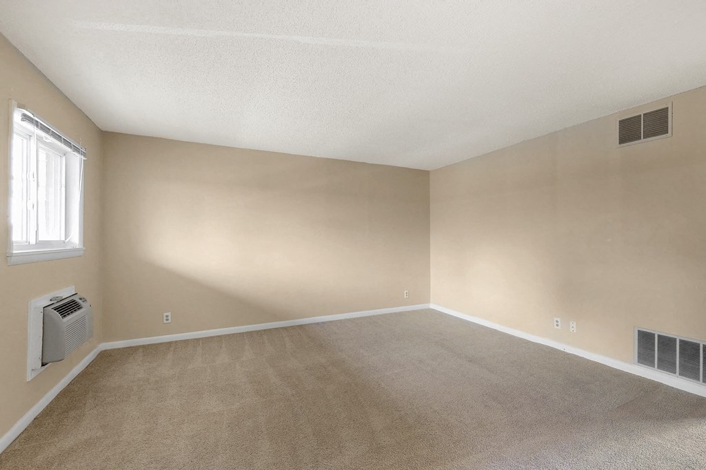 an empty living room with carpet and a window