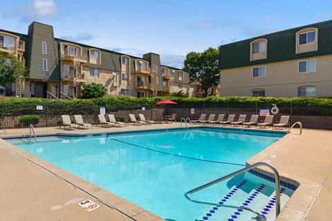 our apartments have a resort style pool with lounge chairs