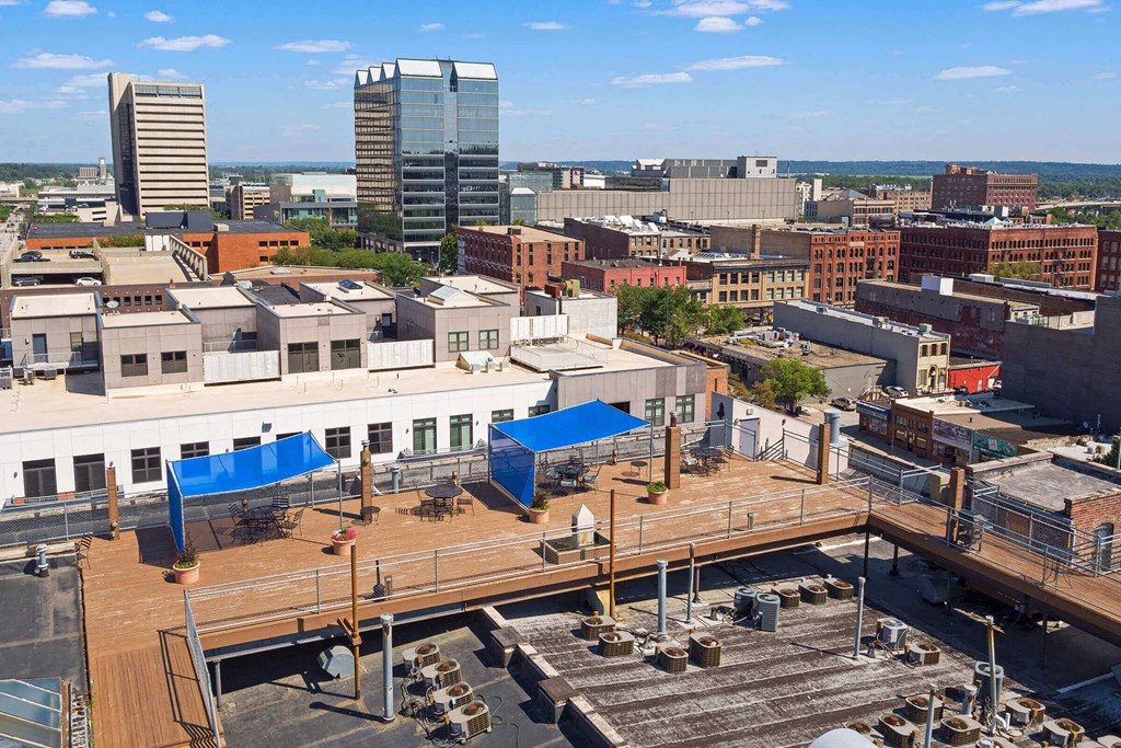 a view of the city from the roof of a building