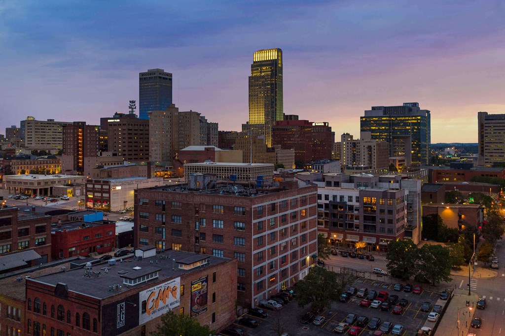 a view of the skyline at dusk in the city