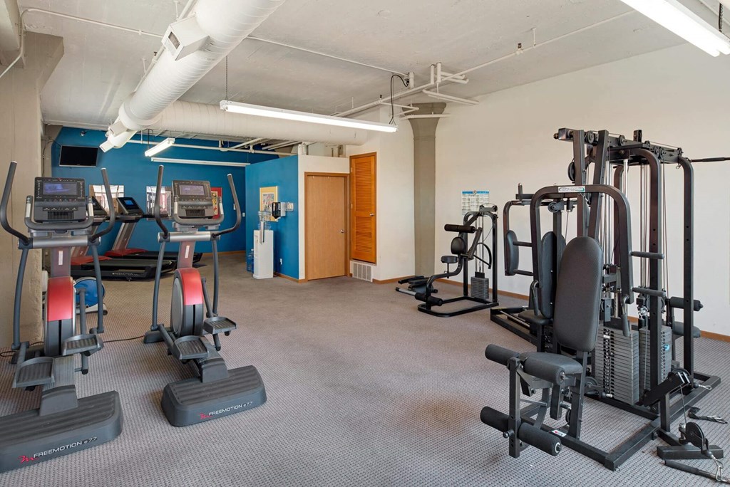 a gym with weights and other equipment in a building