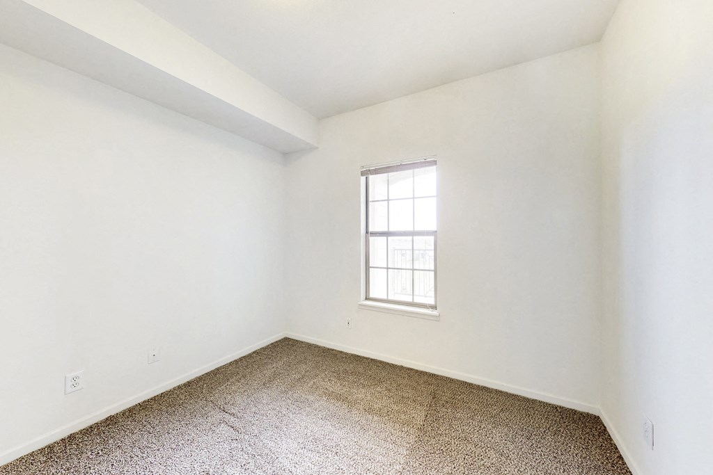a room with white walls and a window and a carpet
