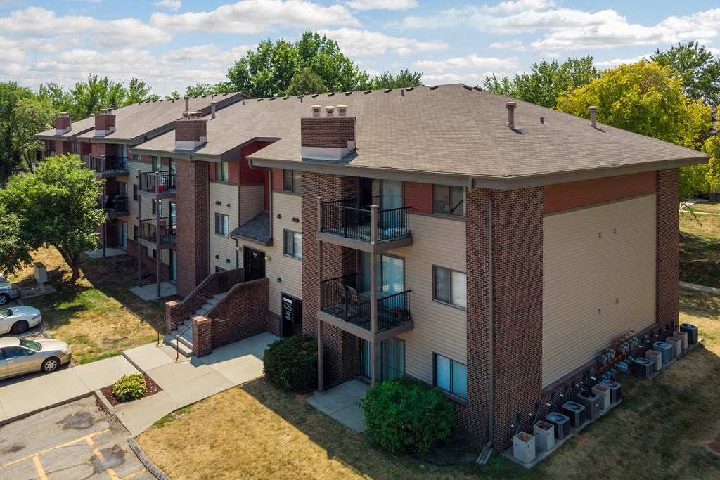 an aerial view of an apartment building with balconies