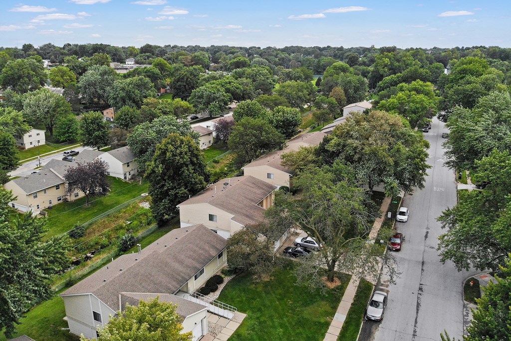 an aerial view of a neighborhood with houses and trees