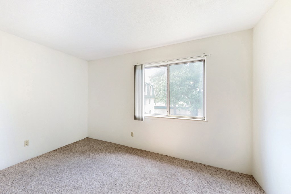 an empty room with a window and carpet