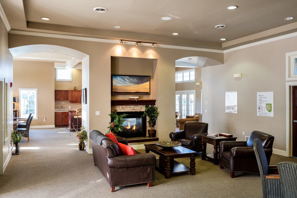 a living room with couches and chairs and a fireplace