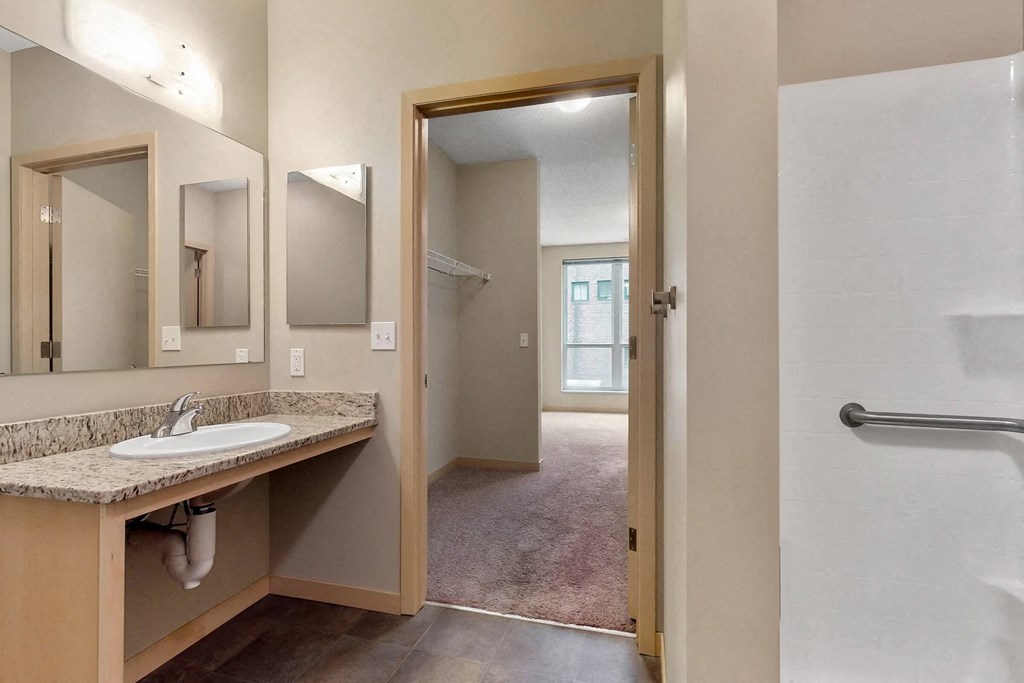 a bathroom with a sink and a shower and a mirror