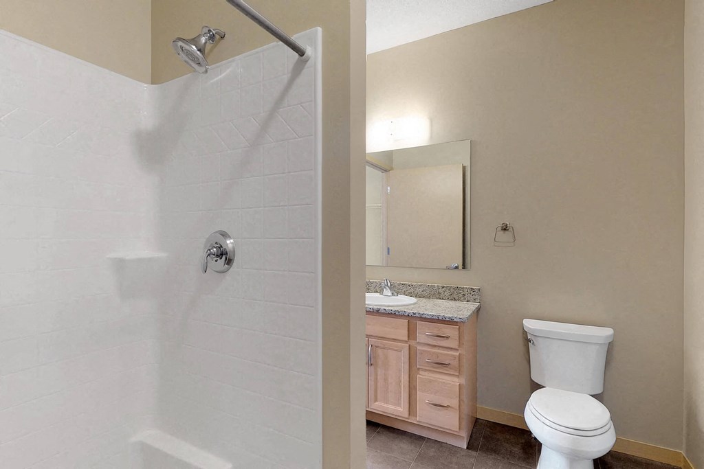 a bathroom with a shower and a toilet and a sink